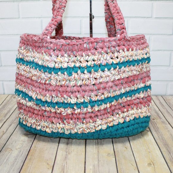 Women's Multi-Color Open Top Braided Jute Double Handle Tote Handbag Size L - Picture 4 of 7